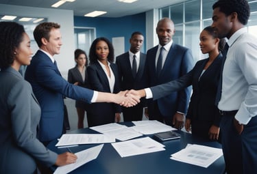 a group of people dressed in elegant clothes shake hands to conclude a deal