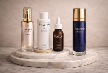 High-end skincare products by Clé de Peau, Barbara Sturm, Medik8 and Augustinus Bader.