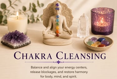 A spiritual chakra cleansing set featuring a Buddha statue, healing crystals, and scented candles.