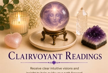 A clairvoyant reading crystal ball featuring a mystical face, surrounded by healing crystals and a candle.