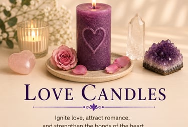 A purple pillar love candle with a heart carving, amethyst crystal, and rose quartz on a table.