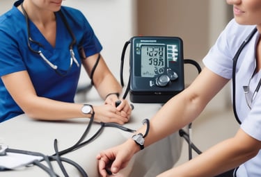 A modern office environment with a laptop on a white desk in the foreground. A red computer mouse is also visible. In the background, there is an office printer and a wall with motivational text. The office space is well-lit with natural and artificial light, and there are glass partitions.
