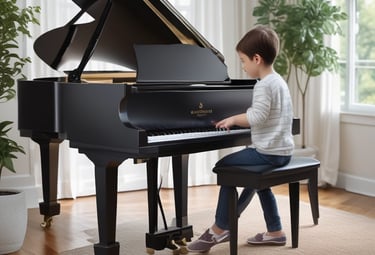 A person is holding a tablet displaying a musical scale app over a piano keyboard. One hand is placed on the piano keys, and the other hand is holding the tablet screen which shows a detailed musical notation.