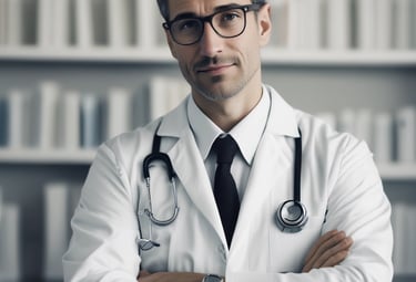 A person wearing glasses dressed in a white lab coat holding a surgical mask against a bright red background. A stethoscope is draped around the neck, suggesting a medical professional.