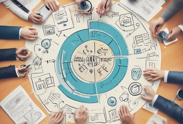 four people all on laptops, two men and two women, listen to person talking in a board meeting