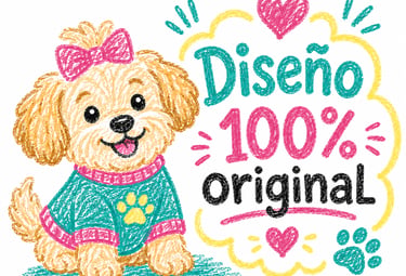 Dibujo a crayón de un lindo cachorro de caniche llevando un suéter con el texto Diseño 100% Original
