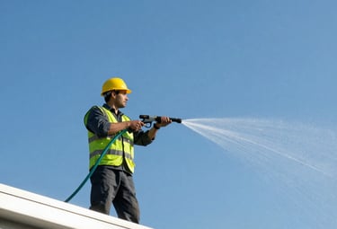 Side-by-side images of a patio before and after deep pressure washing, showing vibrant stonework.
