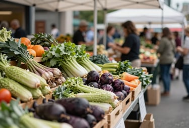 A bustling, modern farm-to-table market in a North American / US city setting. Vibrant stalls of seasonal produce are captured with a professional depth of field and natural lighting.