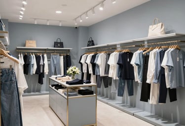 A professional photography shot of a modern, stylish retail boutique in Vietnam. Bright indoor lighting highlights neatly arranged clothing and accessories, reflecting a clean and organized business aesthetic using light blue-gray tones.