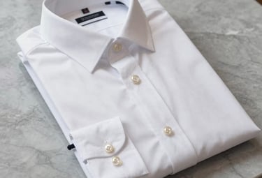 A crisp, high-end photograph of a folded bespoke white cotton shirt with intricate pearl buttons, placed on a soft gray marble countertop. International / Western.
