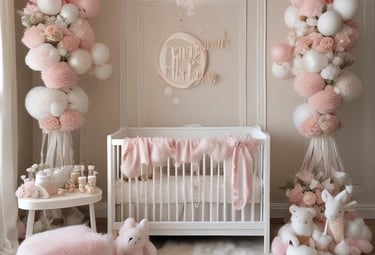 Stylish baby shower setup with pastel tones and elegant decorations.