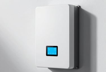 A studio product photograph of a modern hybrid solar inverter mounted on a clean white wall. The device has a minimalist design with a small digital interface glowing in sky blue. The lighting is crisp and professional, emphasizing the cutting-edge technology.
