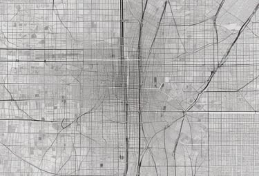 Vintage map of city layout featuring detailed street grids, highways