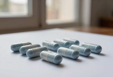 Macro photography of light blue-grey supplement capsules arranged artistically on a matte white surface. Soft side lighting from a window in a Spanish apartment, emphasizing professional quality and medical-grade precision.