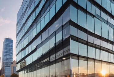 Modern glass facade reflecting sunlight on a corporate building under construction.