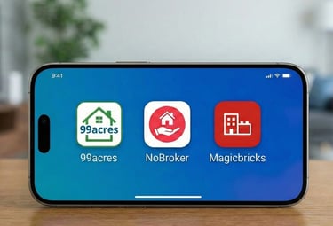 Smartphone screen displaying real estate apps 99acres, NoBroker, and Magicbricks for property search.