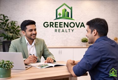 Professional real estate agent consulting with a client at Greenova Realty office.