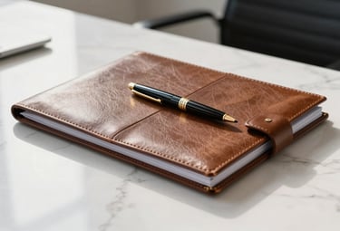 A clean, bright professional photograph of a leather-bound legal folder and a designer pen resting on a white marble desk in a North American executive office. Soft morning light enters from the side, highlighting the gold accents on the pen and the fine texture of the documents.