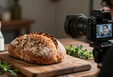 Cinematic close-up of a content creator in a South American studio photographing a rustic loaf of bread and fresh herbs. The lighting is soft and moody, emphasizing textures. Professional camera equipment is partially visible.