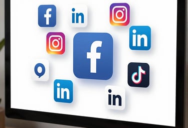 Screens displaying social media platforms and engagement analytics.