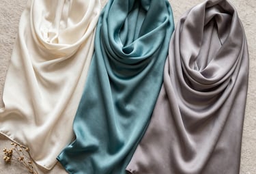 A flat lay photography shot of three premium silk hijabs in off-white, muted teal, and warm grey, arranged artistically on a textured surface with a small sprig of dried flowers.