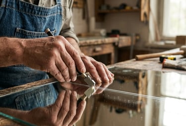 Artisan vitrier découpant une vitre à la main en atelier – Vitrerie sur mesure à Aniane, Hérault