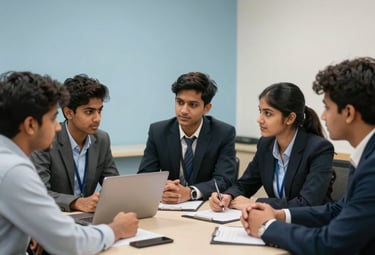 A group of South Asian college students engaged in a professional commerce seminar, with a focus on business discussion, light blue and off-white interior.