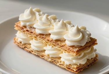 A close-up photograph of a signature dessert, a delicate mille-feuille with white cream and golden pastry, Western European style, natural morning light, set on an off-white ceramic plate.
