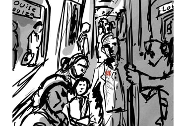 A family travels by metro to Brussels-Louise station. Experimental, digital pen-watercolor print