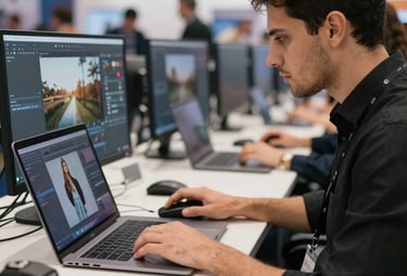 A photographer editing digital photos on a laptop and monitor at a professional media workstation.