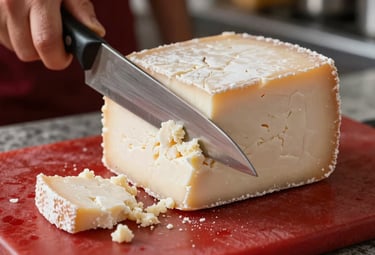 Close-up of a block of crumbly, aged white cheese being sliced with a professional knife. Latin American / Spanish kitchen counter setting. Palette: Vivid Red accents and Creamy Vanilla.
