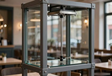 A vertical motorized giyotin glass system installed in a stylish Anatolian cafe. The frames are graphite grey, and the glass is crystal clear, showing a blurred professional interior. Natural daylight, technical detail focus.