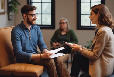 Friendly financial advisor discussing options with a client in an office.