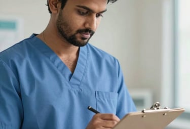 A close-up photograph of a South Asian male nursing student in a blue scrub top looking professionally at a medical clipboard in a well-lit clinical setting.