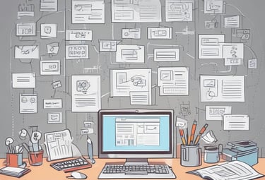 A creative workspace with sketches and color palettes for a new brand.