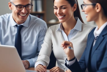 Team members collaborating over computers managing data and client information.