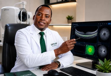 Ophthalmologist reviewing OCT scan and retinal imaging at Optiview Eye Clinic in Dodoma