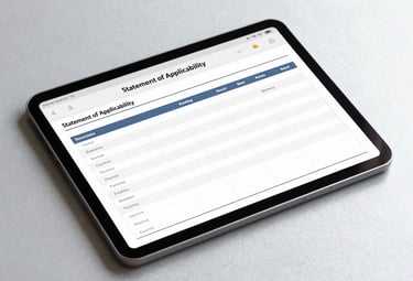 A digital tablet displaying an organized spreadsheet for a 'Statement of Applicability' on a clean, pale silver surface.