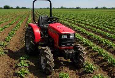 Close-up of neat potato rows with precise spacing, highlighted by early sunlight.