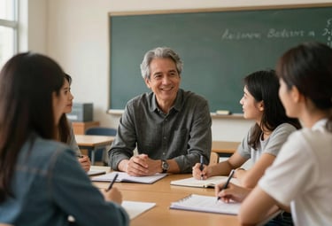 A professor in a North American classroom setting engaged in a friendly discussion with a small group of students. The lighting is warm and natural, emphasizing a community-focused learning environment.