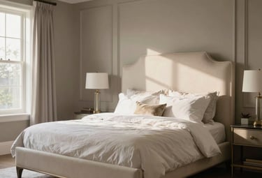 Professional photography of a luxurious North American master bedroom with taupe walls, a cream upholstered headboard, and soft morning light.