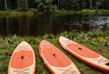Close-up of a paddle board with paddle and life jacket neatly arranged on the sandy beach.