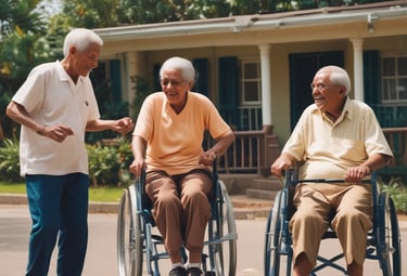 Residents enjoying a lively group exercise session in a bright, airy room.
