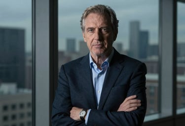 A professional portrait of a visionary leader standing confidently in front of a window overlooking a cityscape. The lighting is dramatic with deep slate shadows and soft blue-grey highlights on the subject's face, conveying wisdom and divine authority.