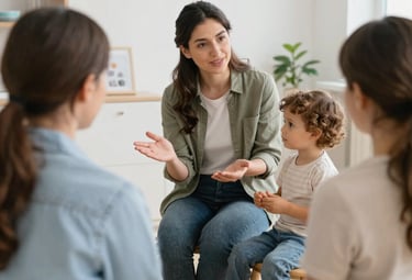 A smiling mother consulting with a childcare professional in a bright room.
