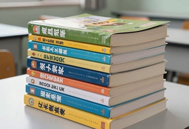 A stack of high-quality educational textbooks neatly arranged on a clean white desk in a modern Indonesian classroom setting, bright natural light coming from a window.