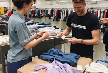 A caring volunteer handing a coat to a person in need outdoors.