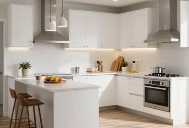 Warm Scandinavian-style restaurant interior with fresh food photography on display.