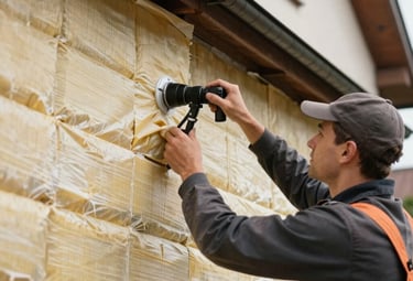 A detailed shot of a professional craftsman installing high-quality thermal insulation on a house facade, Central European setting, technical precision, bright daylight.