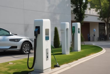 Charging station setup in a parking lot of a commercial building.
